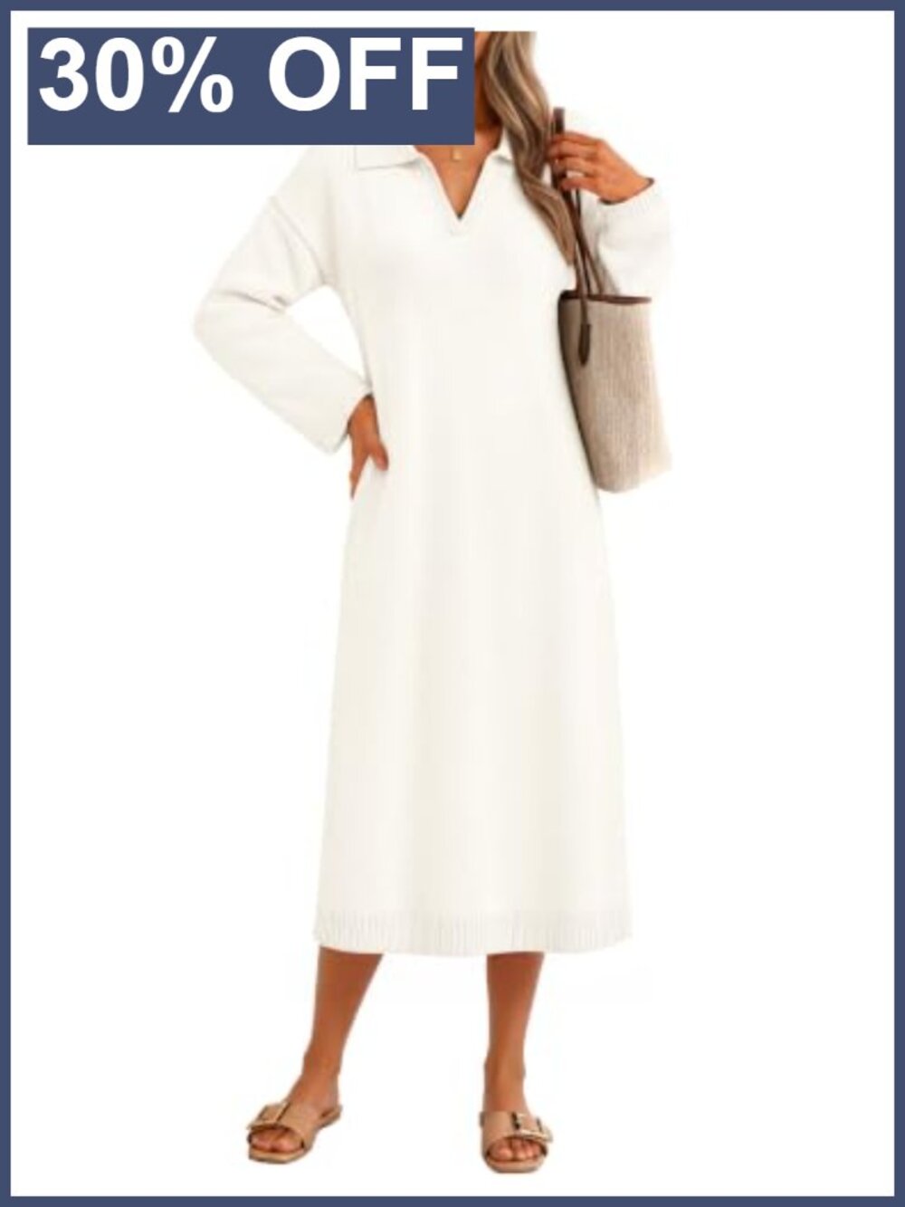 Women's Long Sleeve Midi Sweater Dress V Neck Knit